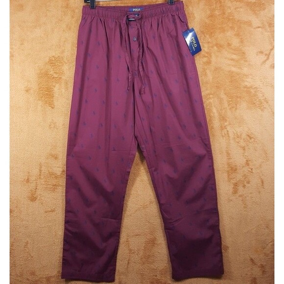 POLO RALPH LAUREN Pajama Pants Mens Medium Burgundy Marron Drawstring Logo PJs - Picture 1 of 11